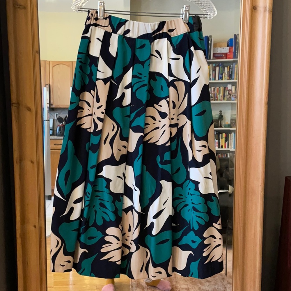 Navy and green tropical midi skirt